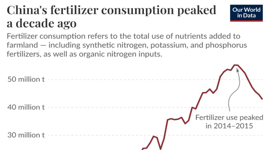 China's use of fertilizers peaked a decade ago